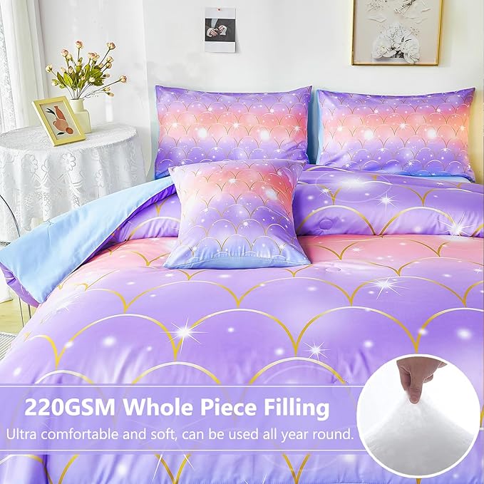 PERFEMET Mermaid Scales Queen Comforter Set 6 Pieces Purple Orange Comforter for Queen Size Bed Teen Girls Glitter Bedding Set Rainbow Tie Dye Bed in A Bag