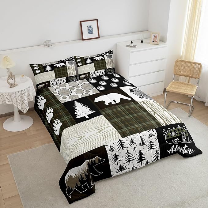 Bear Comforter Set Full Size,Pine Trees Animals Hunting Bedding Set for Kids Boys Girls Adults Room Decor,Camping Adventure Rustic Farmhouse Down Comforter,Green Plaids Duvet Insert,2 Pillowcases