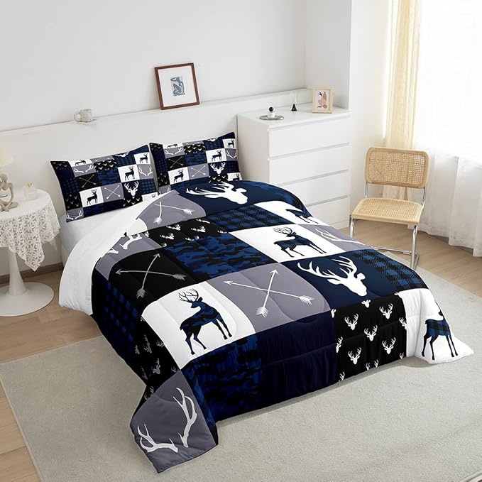 Manfei Camo Deer Antlers Comforter Set Twin,Geometric Plaid Patchwork Bedding Set 2pcs for Kids Teens Girls Boys Room Decor,Boho Arrow Xmas Quilt Set,Blue Grey Duvet Insert with 1 Pillowcase