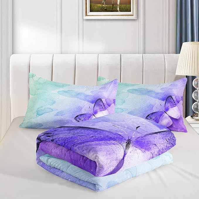 Butterfly Comforter Twin Size,Watercolor Butterfly Kids Comforter Set,3Pcs Bedding Set Printed Comforter with 2 Pillowcases,Down Alternative,Soft and Lightweight,for All Seasons