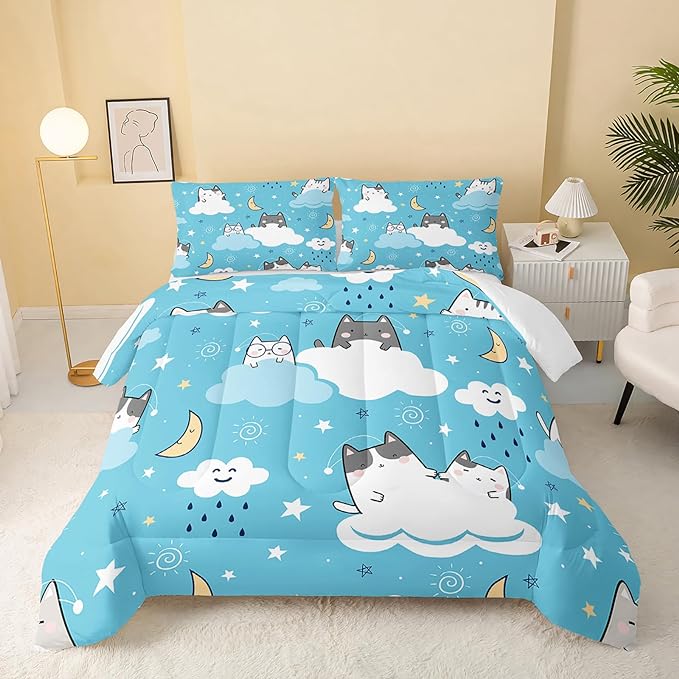 Cat Comforter Full Size,Blue Cloud Cats Comforter Set for Kids Teens Girls Boys,3Pcs Bedding Set Printed Comforter with 2 Pillowcases,Down Alternative,Soft and Lightweight，Full Size