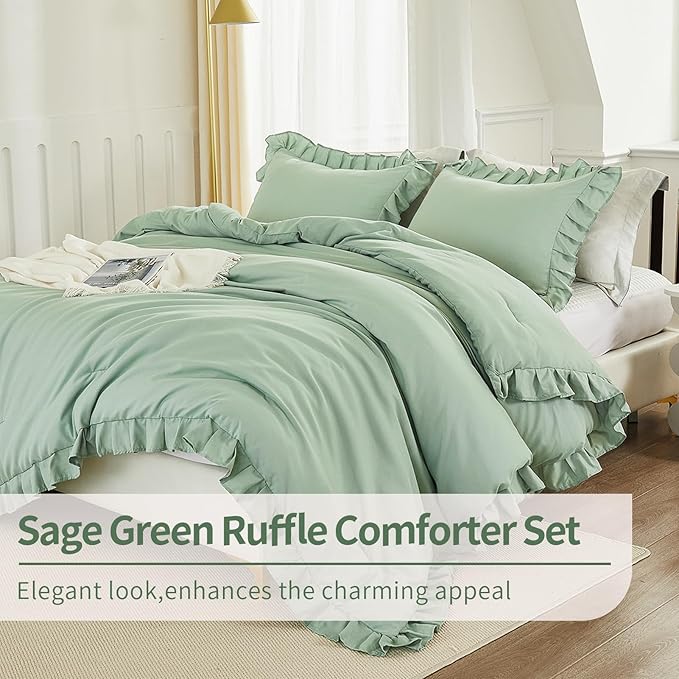 Andency Queen Size Comforter Set, Sage Green Ruffle Bedding Set, 3 Pieces Boho Comforter for Queen Bed, Farmhouse Ruffle Bed Comforter Set, Lightweight and Soft Bedding Comforter for All Seasons
