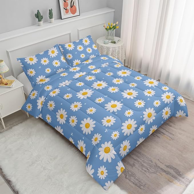 Datura home Flower Comforter Set Blue Daisy Floral Printed Pattern Quilt Bedding with 1 and 2 Pillowcases for Girls Women Bedroom All Season(Blue Full) Full 80x90inches