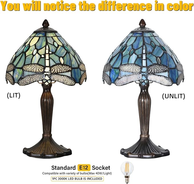 Tiffany Lamp Sea Blue Stained Glass Dragonfly Style Desk Reading Light for Small Space Bedside Bedroom Home Office