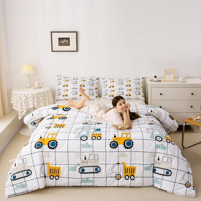 Feelyou Construction Truck Comforter Set Queen Size Kids Machinery Truck Excavators Vehicles Comforter for Boys Teens Cartoon Tractor Bedding Set Excavator Tractor Plaid Grid White Duvet Set Quilt Set