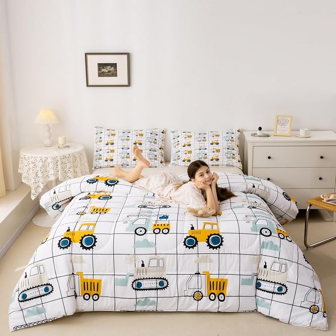 Feelyou Construction Truck Comforter Set Twin Size Kids Machinery Truck Excavators Vehicles Comforter for Boys Teens Cartoon Tractor Bedding Set Excavator Tractor Plaid Grid White Duvet Set Quilt Set