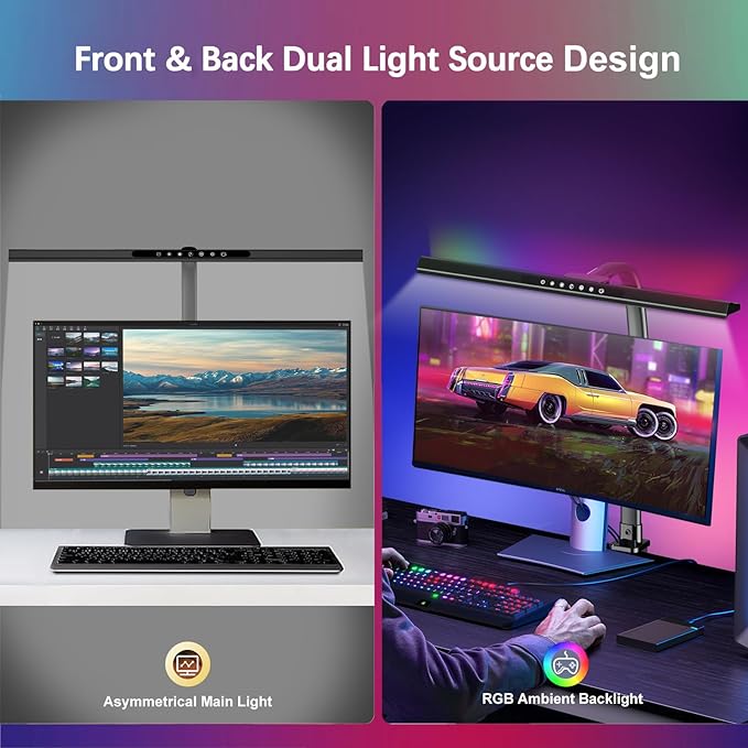 2-in-1 Desk Lamp with RGB Ambient Light, Architect Desk Lamps for Home Office, 5 Color Modes & Brightness Levels, Eye-Caring Flexible Gooseneck Table Light for Monitor Working Reading Gaming