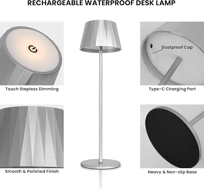 Modern LED Cordless Waterproof Table Lamp,5200mAh Touch Dimmable Desk Lamp,Rechargeable Battery Powered Night Light for Indoor/Outdoor Dining (Silver, 3000K, Warm White)