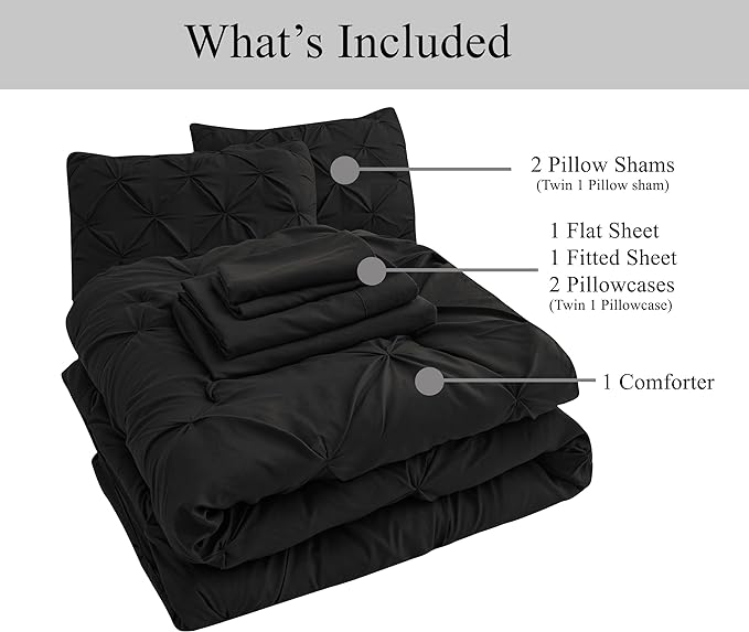 LANE LINEN King Size Comforter Set with Sheets, Complete 7 Piece King Comforter Set, Pintuck King Size Bedding Set, Soft King Size Bed in a Bag Set, Premium King Bed Set, Pillowcases & Shams - Black