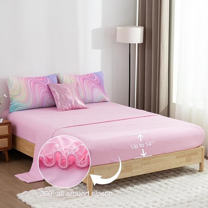Btargot Super Soft 6 Pieces Gradient Wavy Line Comforter Set, Colorful Glitter Rainbow Star Pattern Bedding Set for Boys Girls Teens, Queen Pink Green