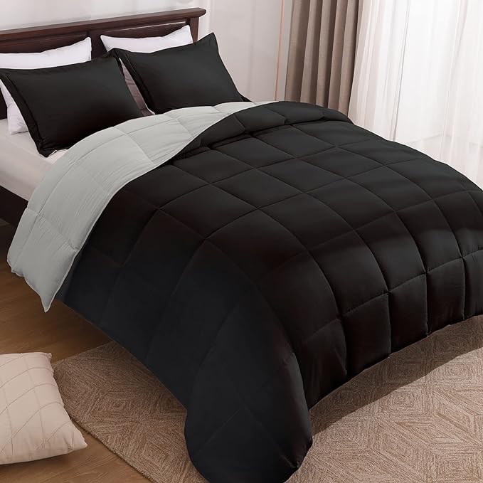Basic Beyond King Size Comforter Set - Fluffy King Bed Comforter Set for All Seasons - Reversible Black and Grey King Comforter Set - 3 Pieces (1 Comforter + 2 Pillow Shams)