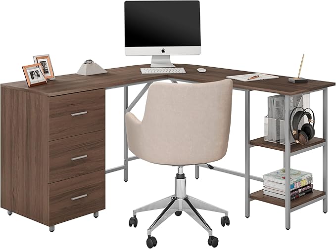 Techni Mobili L Shaped Desk - Two-Toned Computer Desk with Drawers & Storage Shelves - Simple Modern Furniture & Home Office Space Corner Table for Work & Writing