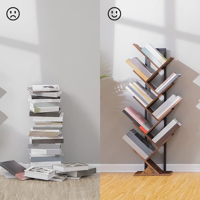 HOOBRO Tree Bookshelf, 9-Tier Bookcase Wooden Shelves, Floor Standing Storage Rack, for Display of CDs, Books in Living Room, Home Office, Wood Storage Rack for Bedroom, Rustic Brown BF08SJ01G1