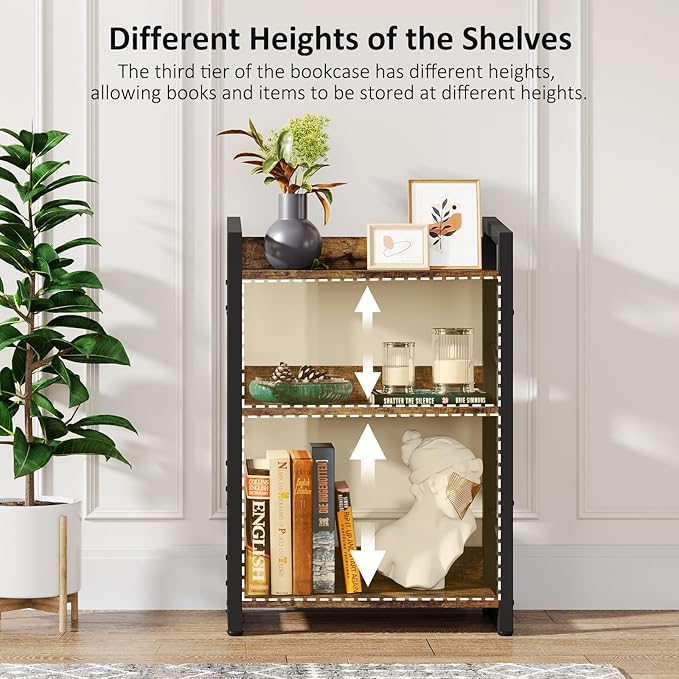 Book Shelf Small Bookshelf: 3-Tier Wood Bookcase Industrial Bookshelf with Edge Protection Metal Narrow Bookshelves Storage Organizer Display Rack for Bedroom Home Office (Rustic Brown)