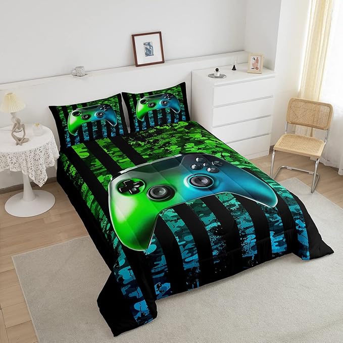 Gamer Bedding Sets for Boys American Flag Comforter Set Twin Size Gaming Comforter Military Camo Retro Down Comforter Kids Game Room Decor Teens Adult Green Blue Gamepad Duvet Set,Black,Warm Soft
