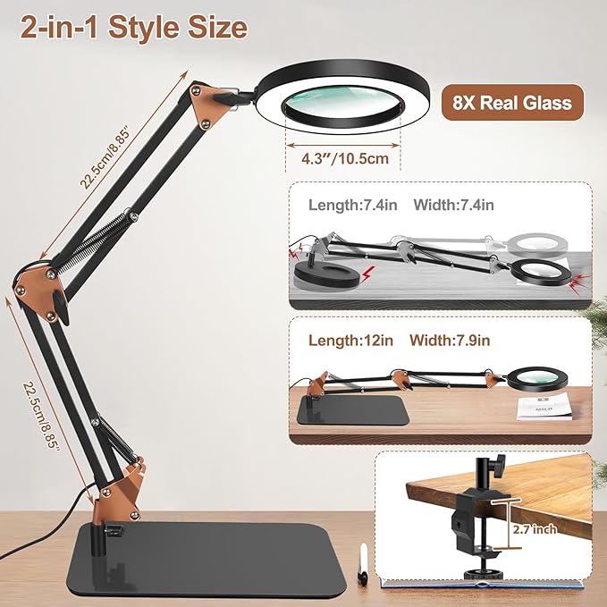 Magnifying Glass with Light, 5 Color Modes Stepless Dimmable 2-in-1 Desktop Lamp and Clamp, LED Lighted Magnifier with Light and Stand, Hands Free for Craft Repair Hobby Painting Close Work