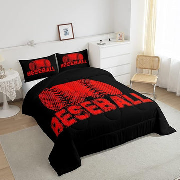 Erosebridal Kids Baseball King Size Bedding Set Red Black Sports Comforter Set for Boys Girls Teen,Reversible Black Quilt Comforter Soft Lightweight for All Season,1 Comforter and 2 Pillow Cases