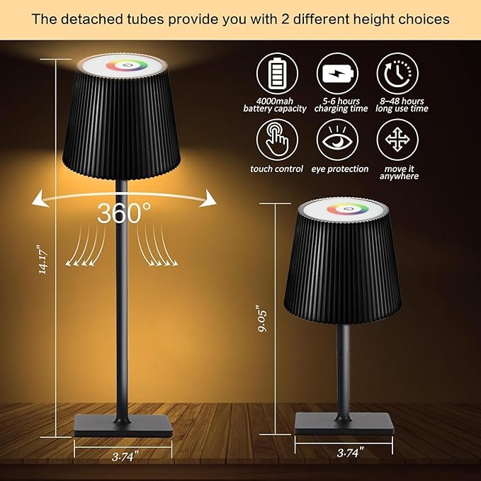 2 Pack Cordless Table Lamp, Touch Dimmable RGB Desk Lamp, 4000 mAh LED Desk Lamp, Battery Operated Lamp for Family, Restaurant & Bar, Outdoor Party, Camping, Garden, Christmas Gift