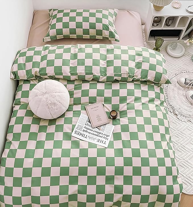 Green White Grid Comforter Set Full Sage Green Plaid Bedding Set Girls Light Green White Checkered Bed Comforter Set Breathable Blanket Set Kids Durable Bedding Comforter Set