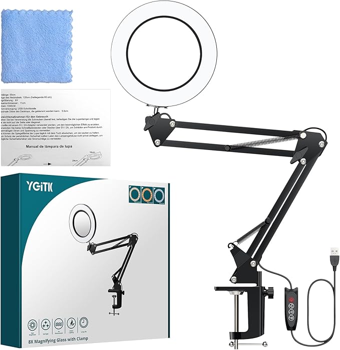 8X Lighted Magnifying Glass Lamp, Adjustable Magnifying Glass with Light Clamp Swivel Arm LED 3 Color Modes,10 Brightness Levels, Hands Free Magnifier for Hobby Close Work, Repair, Reading