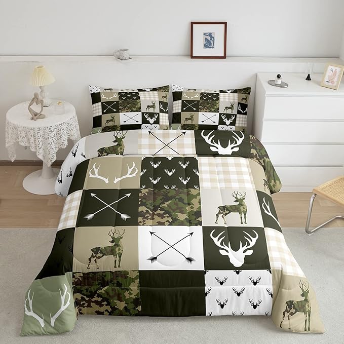 Camo Deer Kids Comforter Set Full Size,Deer Antlers Rustic Hunting Arrows Bedding Set,Girls Boys Adults Cabin Decor,Geometric Plaids Patchwork Down Comforter,Camo Country Duvet Insert,2 Pillowcases