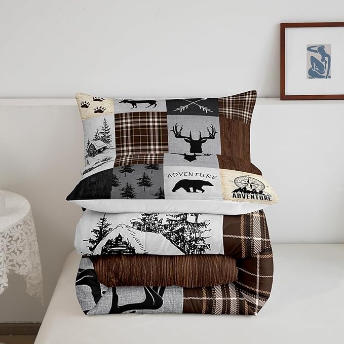 Deer Antler Comforter Set King Size,Bear Paw Pine Trees Rustic Farmhouse Bedding Set for Boys Girls Adults Room Decor,Geometric Plaids Arrows Down Comforter,Brown Retro Duvet Insert,2 Pillowcases