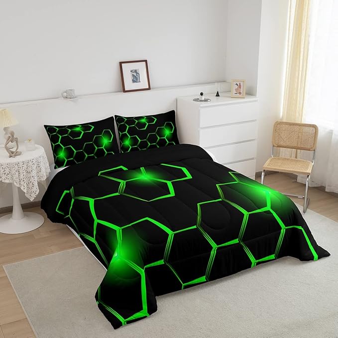 Honeycomb Kids Comforter Set Modern Geometry Hexagon Bedding Set for Boys Children Teens Bedroom Decor Geometrical Comforter Beehive Geometric Black Green Duvet Set Queen Size with 3 Pillow Case