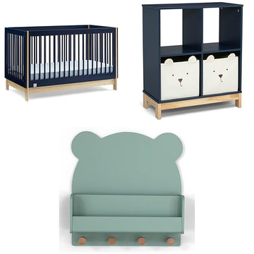 Delta Children babyGap Tate 4-in-1 Convertible Crib + Brannan Bear Bookcase with Bins + Brannan Bear Wall Shelf with 4 Hooks, Navy/Natural (Bundle)