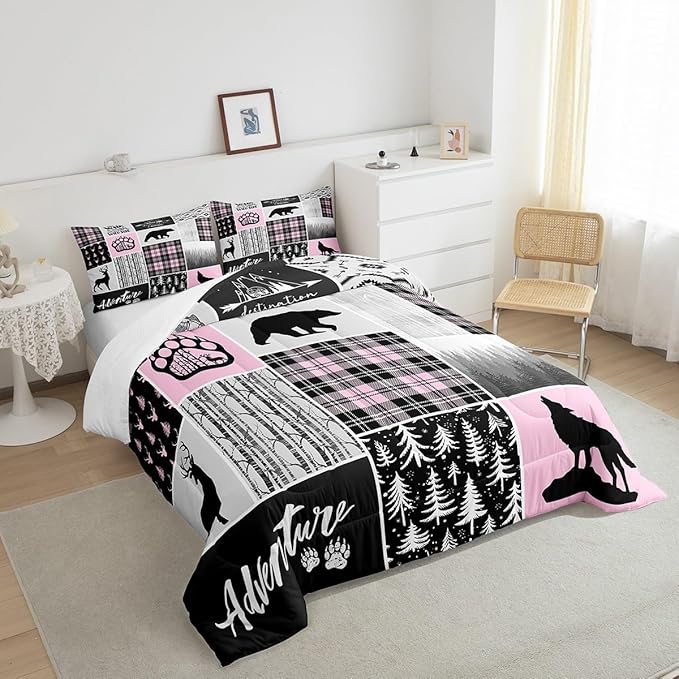 Rustic Farmhouse Comforter Set Queen Size,Deer Bear Wolf Hunting Animals Bedding Set for Kids Boys Girls Adults Room Decor,Pine Trees Patchwork Down Comforter,Pink Xmas Duvet Insert,2 Pillowcases