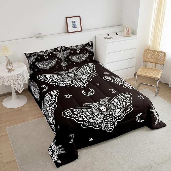 Boys Boho Moth Comforter Set Queen Size Men Gothic Skull Bedding Set for Girls Women Bedroom Decor Bohemian Moon Star Comforter Personalized Moth Skull Skeleton Bones Duvet Set Teens Quilt Set