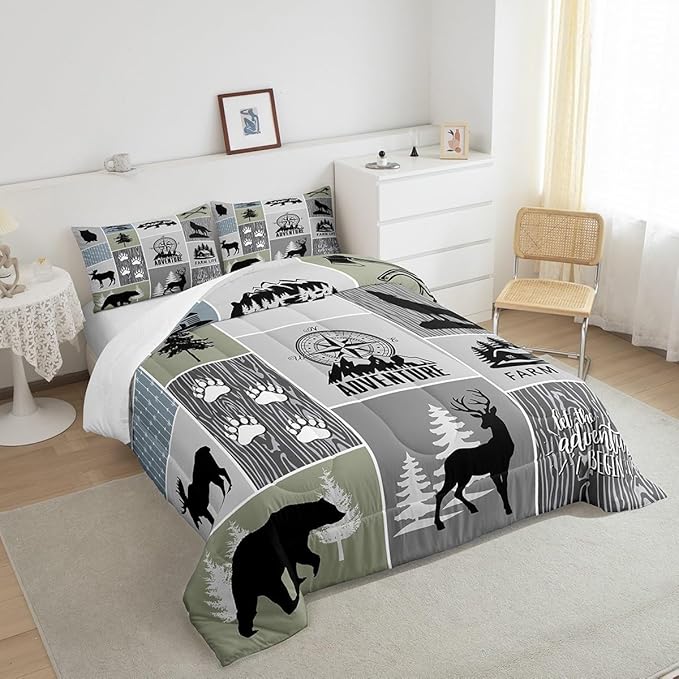 Rustic Farmhouse Cabin Kids Comforter Set King Size,Deer Bear Hunting Adventure Bedding Set for Boys Girls Adults Room Decor,Geometric Plaids Down Comforter,Gray Green Duvet Insert,2 Pillowcases