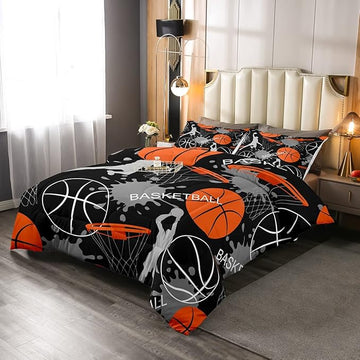Basketball Bedding Set Tie Dye Down Comforter Passionate Sports Games Comforter Set for Kids Boys Man Jumping Up Shooting Action Quilt Set with 1 Comforter and 1 Pillow Case Twin Size Orange Black