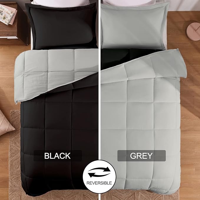 Basic Beyond King Size Comforter Set - Fluffy King Bed Comforter Set for All Seasons - Reversible Black and Grey King Comforter Set - 3 Pieces (1 Comforter + 2 Pillow Shams)