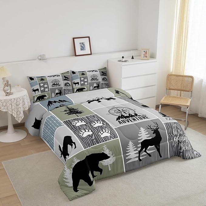 Rustic Farmhouse Cabin Kids Comforter Set Full Size,Deer Bear Hunting Adventure Bedding Set for Boys Girls Adults Room Decor,Geometric Plaids Down Comforter,Gray Green Duvet Insert,2 Pillowcases