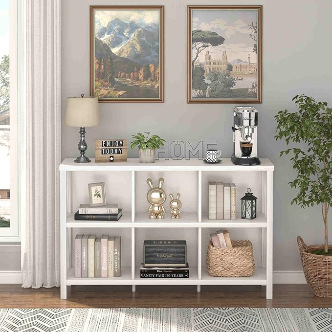 FATORRI 6 Cube Storage Organizer with Shelf, Long Wood and Metal Cubby Bookcase, Industrial Horizontal Bookshelf (White Oak, 47 Inch)