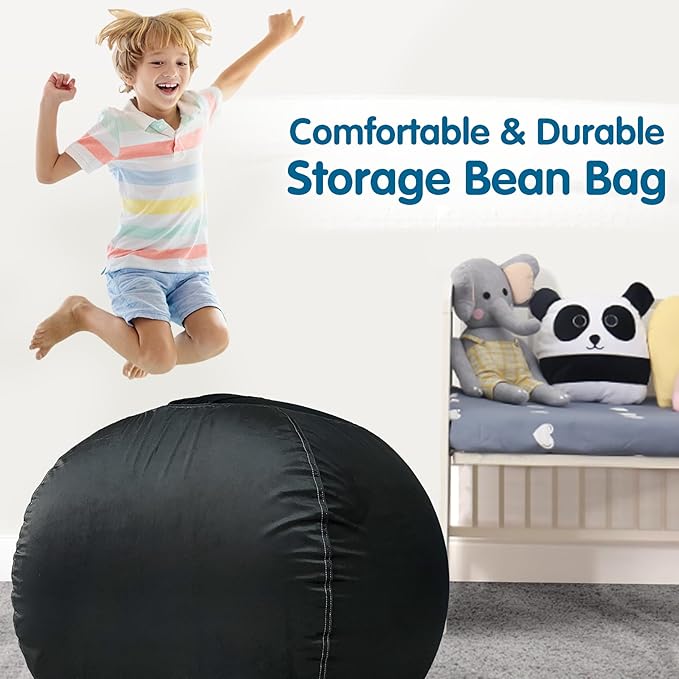 Lukeight Stuffed Animal Storage Bean Bag Chair Cover for Kids, Zipper Beanbag Chair Cover for Organizing Toddler & Kids' Rooms Plush Toys (Black, Large)