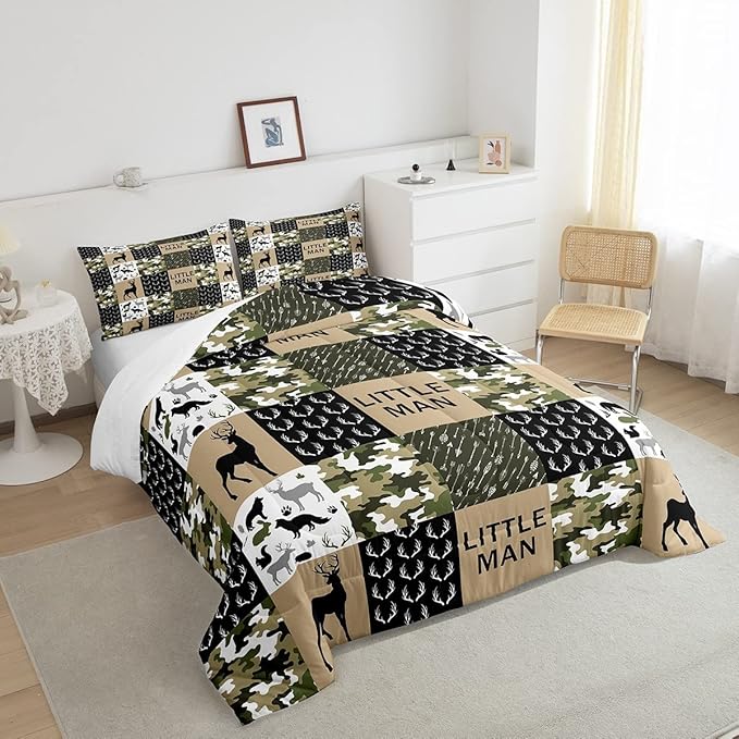 Manfei Deer Antlers Animals Silhouette Comforter Set Twin,Camo Geometric Checks Bedding Set 2pcs for Kids Adults Room Decor,Nordic Boho Arrow Quilt Set,Vintage Green Duvet Insert with 1 Pillowcase