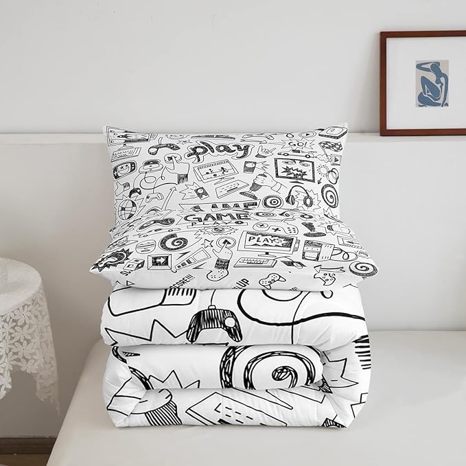 Erosebridal Gaming Comforter Set Twin, Kids Gamepad Cartoon Bedding Set Video Games Gamers Duvet Set Hip Hop Graffiti Quilt Set Racing Car Comforter Set, Black White Printed Bedroom Decor