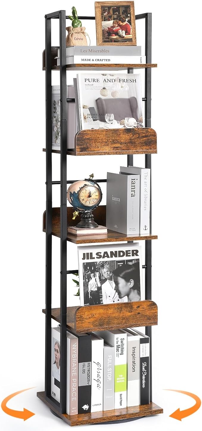 Bikoney Bookshelves 5-Tier, Rotating Bookshelf Tower for Corner, Small Bookcase, Tall Industrial Bookshelf, Narrow Bookshelf, Wood and Metal Black