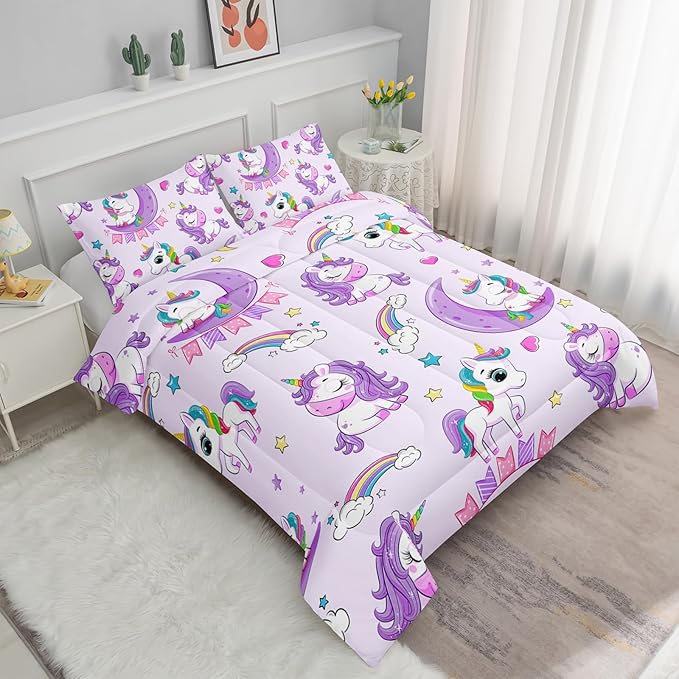 Axolotl Purple Unicorn Comforter Set Full Size,Girls Bedding Set,Cute Unicorn Rainbow Bedding Set with Stars for Kids Girls Teens Adults Women,1 Comforter with 2 Pillowcase Unicorn Gifts for Girls