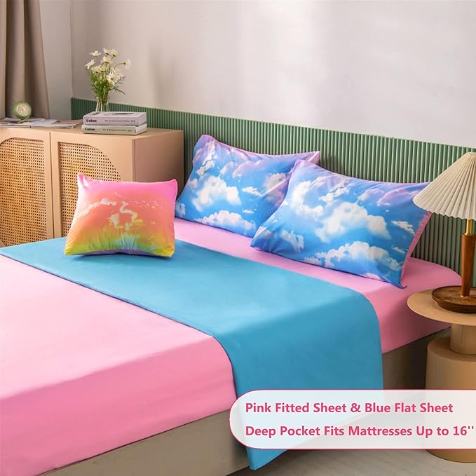 PERFEMET Full Size Bedding Sets for Girls, 6 Pieces Blue Sky and White Cloud Print Comforter Set Bed in A Bag, Rainbow Ombre Bedding Comforter Sets with Sheets (Cloud Pattern, Full)