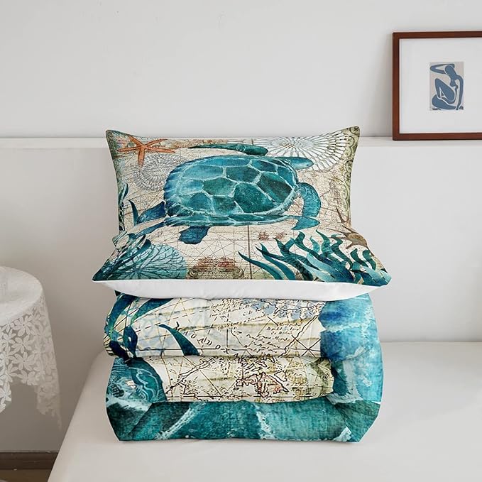 Erosebridal Turtle Bedding Teal Turtle Comforter Set Turquoise Ocean Themed Mediterranean Style Printed Design Ocean Turtle Down Quilted Duvet Set Twin Size 1 Comforter 1 Pillowcase (Twin, Turtle)