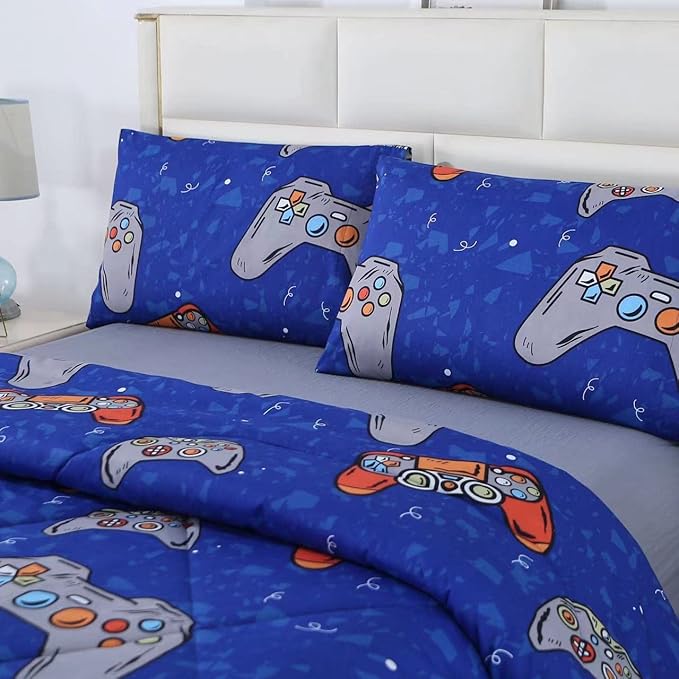 3PCS Blue Gamer Twin Comforter Set for Boys Girls Teens and Kids, Microfiber Gaming Twin Bed Comforter, Lightweight and Fade Resistant, Twin