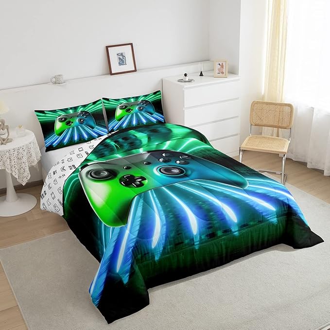 Erosebridal Green Blue Gamepad Comforter Set, Game Player Bedding Set Queen Size Modern Gamer Gaming Down Comforter Neon Trippy Quilt Set for Kids Boys Girls Teens Young Man Room Decorative