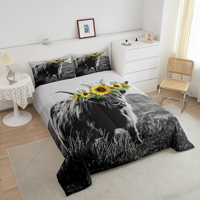 Highland Cow Comforter Set King Size for Adult Women Sunflower Cow Print Bedding Farmhouse Decor Wild Animal Cows with Gray Fur Quilted Duvet Decor 3 Pcs Bedding ,1 Duvet Cover + 2 Pillowcases