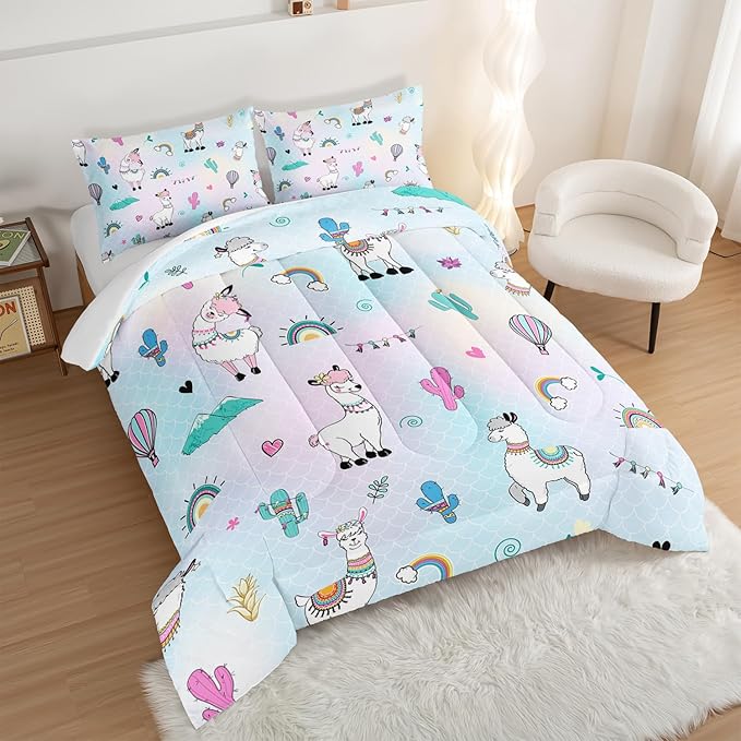 HOSIMA 3 Piece Cartoon Animal Llama Comforter,Cute Alpaca Toddler Comforter,Desert Cactus Plant Twin Bed in a Bag Sets for Adults Kids,Fish Scales Comforter Rainbow Twin Bedding Sets for Girls Boys.