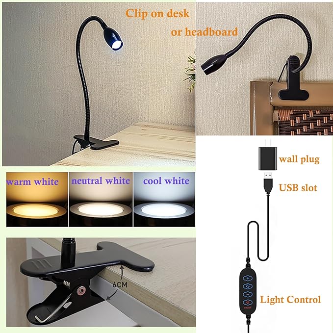 LED Desk Lamp Versatile Clip-on Light Dimmable Zoomable Metal Spotlight with Flexible Arm and Strong Clamp for Reading, Crafting, Working, Painting