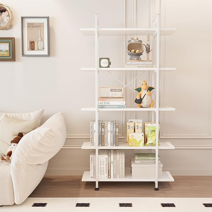 Bookshelf 5 Tiers White Wooden Storage Shelf,Modern Open Display Storage Bookcase Book Organizer,Metal Bookshelf Standing Storage Shelf Tall Shelving Units for Home Office Study