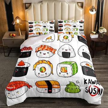 Erosebridal Sushi Pattern Comforter Set Full, Japanese Style Down Comforter, Food Theme Quilted Duvet for Kids Boys Girls Teens, Cute Cartoon Japanese Sushi Quilt Set Room Decorative