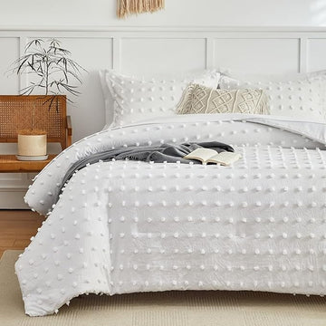 6 Pieces Tufted Dots Bed in a Bag Twin Comforter Set with Sheets White , Soft and Embroidery Shabby Chic Boho Bohemian Comforters, Solid Color with Pom Pom Design, Jacquard Tufts Bedding Set for Kids